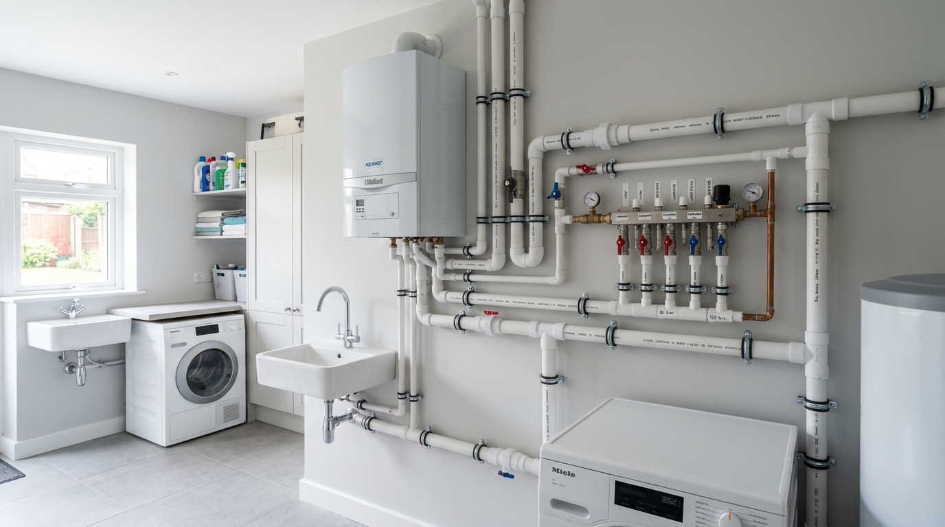 Tubulação de esgoto residencial limpa em PVC